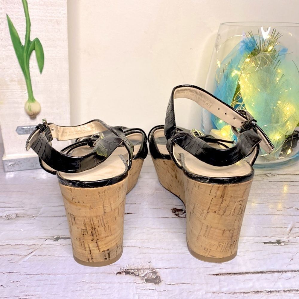 🌷 Franco Sarto🌷Black Snakeskin Corkscrew Platform Wedge Sandals NWOT 8.5M - Picture 7 of 10